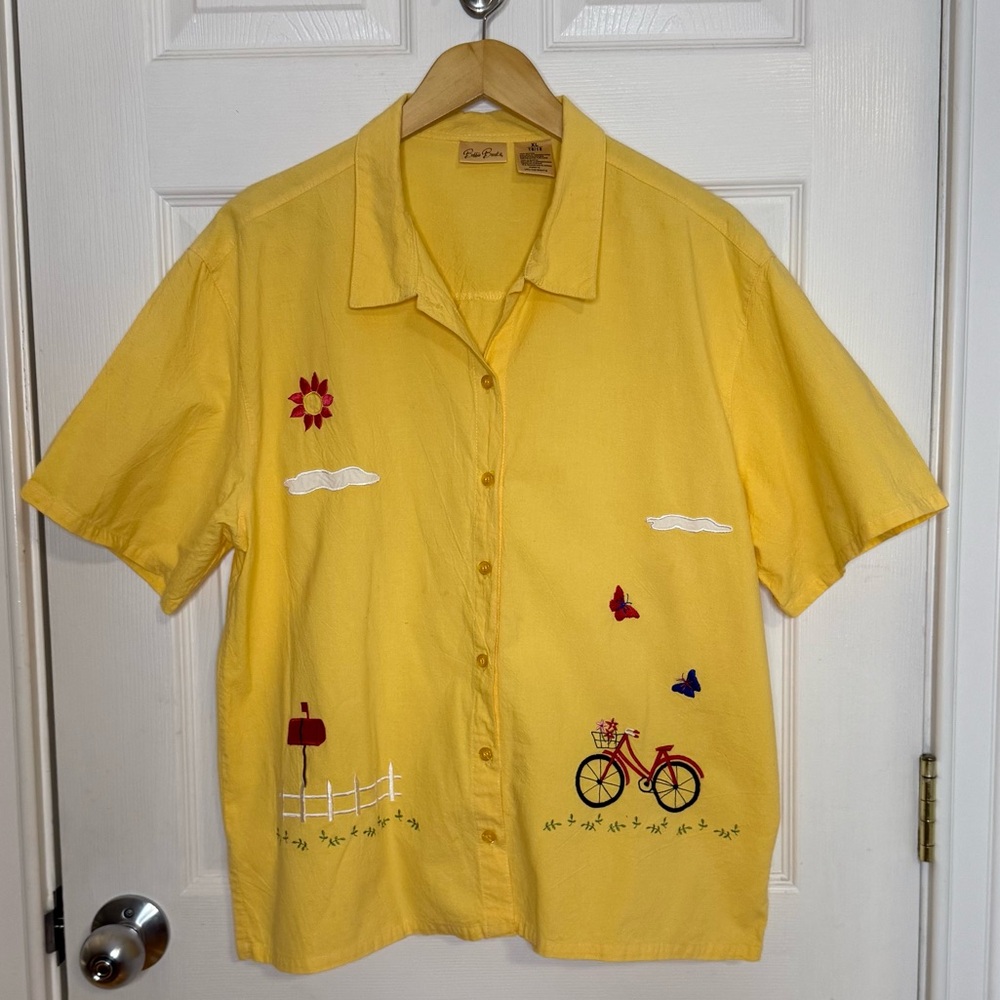 Vintage Bobbie Brooks Yellow Button Front Blouse Retro Embroidered Extra Large